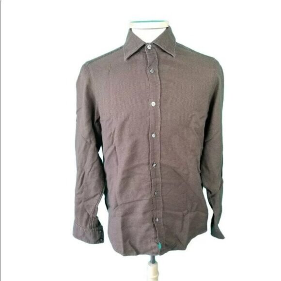 Hugo Boss Medium Brown Mini Check Cotton Long Sleeve Button Front Shirt - Picture 1 of 6